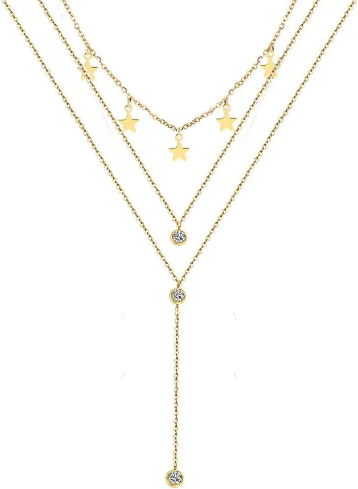 Stainless Steel Collar Necklaces 3 Layer Crystal Star Pendant Necklaces For Women Multilayer Star Necklaces Jewelry (1 layer gold- )