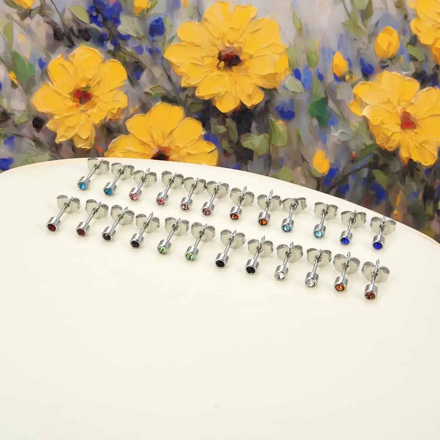 Stainless Steel Ear Piercing Stud Earrings for Piercing Guns Gold Plated Surgical Steel Round CZ Birthstone Stud Earrings Set 12 Pairs