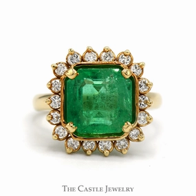 Large Cushion Cut Emerald Ring with Diamond Halo in 14k Yellow Gold Glamorous Symbol Vintage Statement