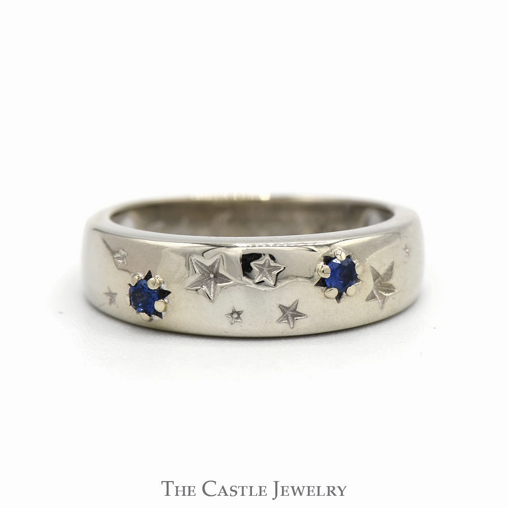 Star Designed Round Sapphire Band in 18k White Gold Global Sizing