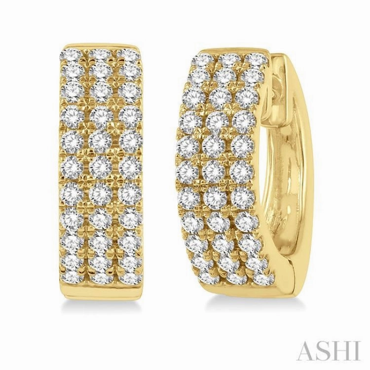 custom design 1/2 Ctw Triple Row Round Cut Diamond Huggie Petite Earrings in 14K Yellow Gold