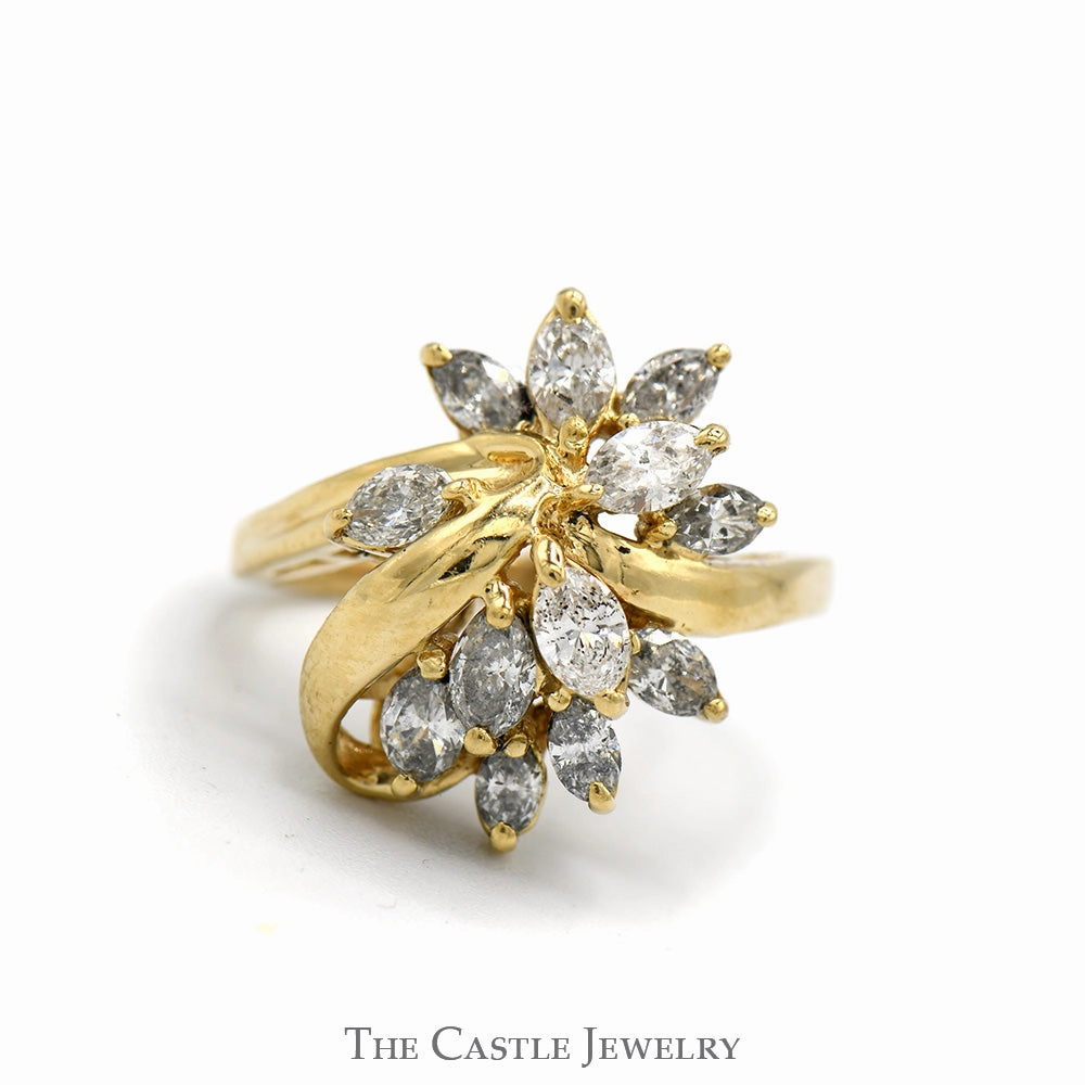 All Style Starburst Marquise Cut Diamond Cluster Ring in 14k Yellow Gold
