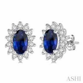 5x3 MM Oval Cut Center Sapphire and 1/5 Ctw Round Cut Diamond Sunflower Precious Earrings in 10K White Gold Ornate Design Lustrous Detail