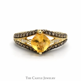Graceful Flow Iconic Accent Square Citrine Le Vian Designer Ring with Chocolate & White Diamond Accented Sides in 14k Yellow Gold