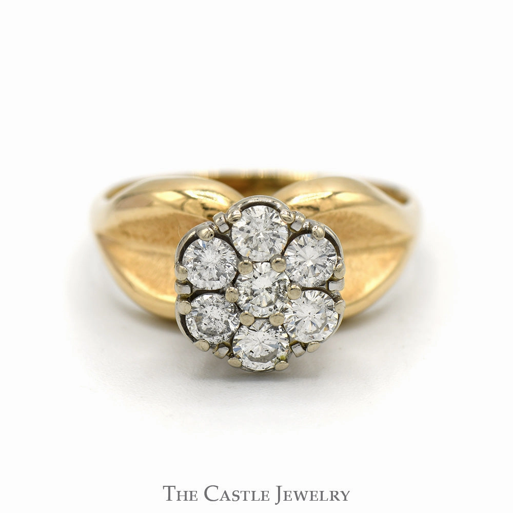 1cttw Round 7 Diamond Cluster Ring with Brushed Concaved Sides in 14k Yellow Gold Classic Memento