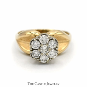 1cttw Round 7 Diamond Cluster Ring with Brushed Concaved Sides in 14k Yellow Gold Classic Memento