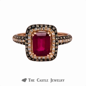 Effy Emerald Cut Ruby Ring with White and Brown Diamonds in 14k Rose Gold Classic Design