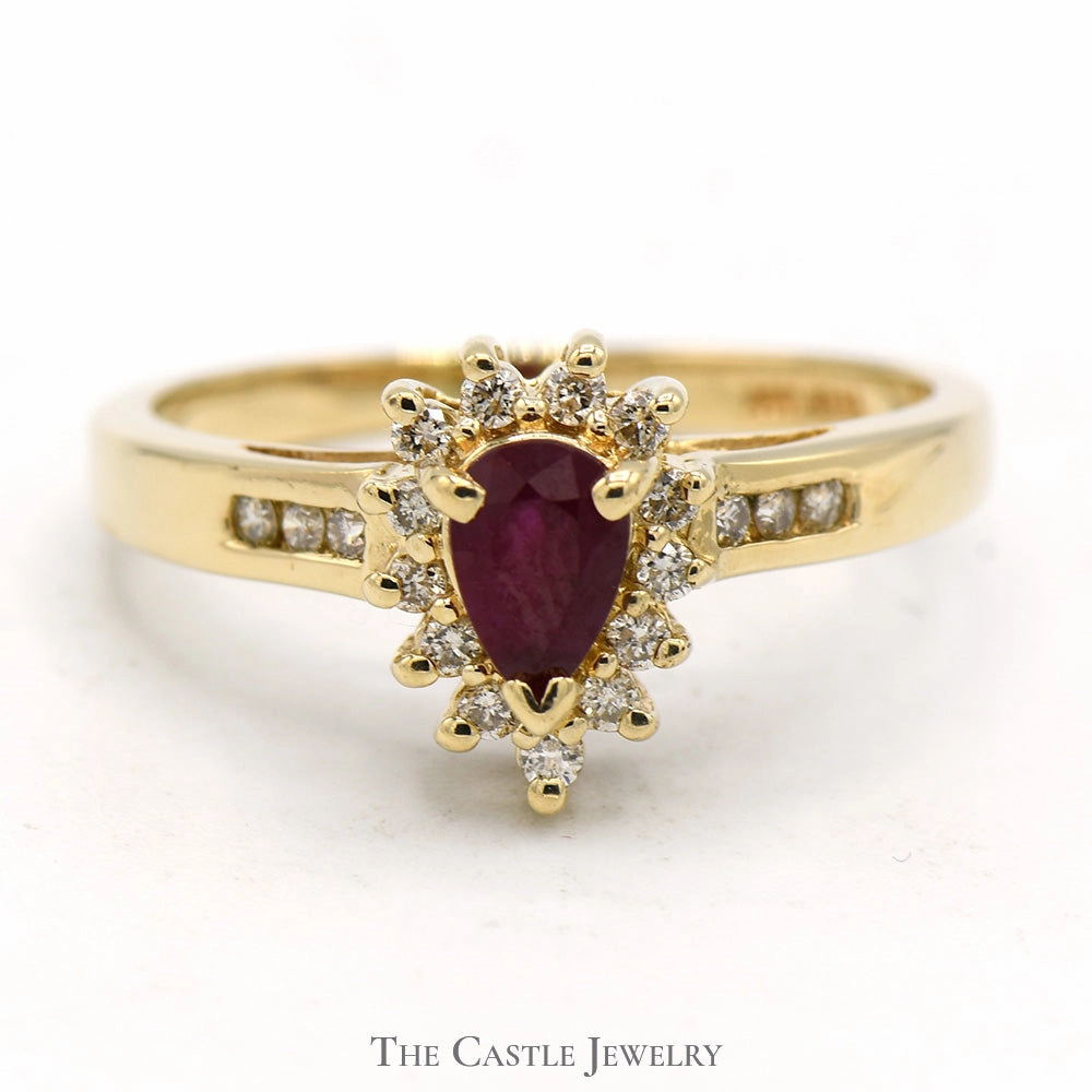 Pear Cut Ruby Ring with Diamond Halo and Channel Set Diamond Accents in 14k Yellow Gold Homecoming Wear Hypoallergenic Adornment