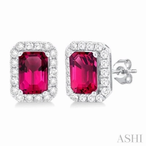Chic pieces 6x4 MM Octagonal Shape Pink Tourmaline and 1/4 Ctw Round Cut Diamond Halo Semi-Precious Stud Earrings in 14K White Gold