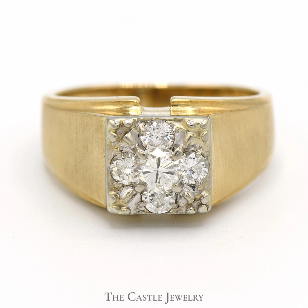 Comfortable item Delicate Expression 1cttw 5 Diamond Cluster Men's Ring in 14k Yellow Gold Brushed Mounting