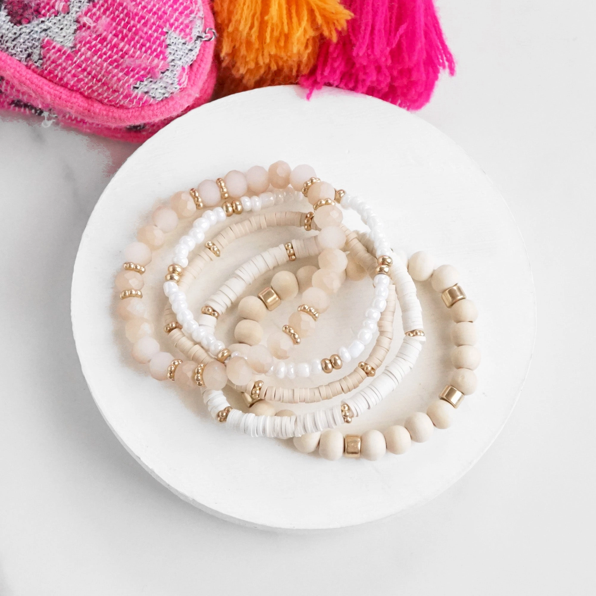 Spotless View Summer Fresh Neutrals stack clay glass wood beads bracelets set