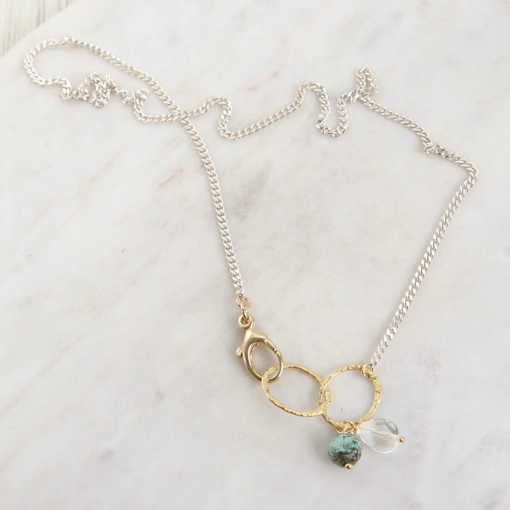 Sterling Silver & Gold Filled Rings Necklace with Turquoise & Quartz