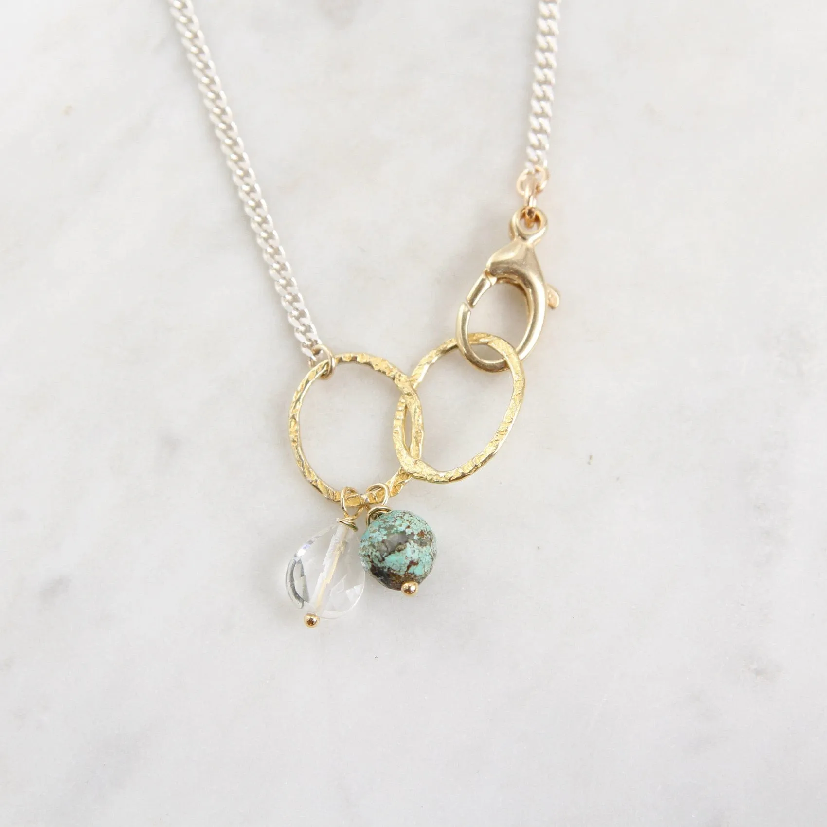 Sterling Silver & Gold Filled Rings Necklace with Turquoise & Quartz