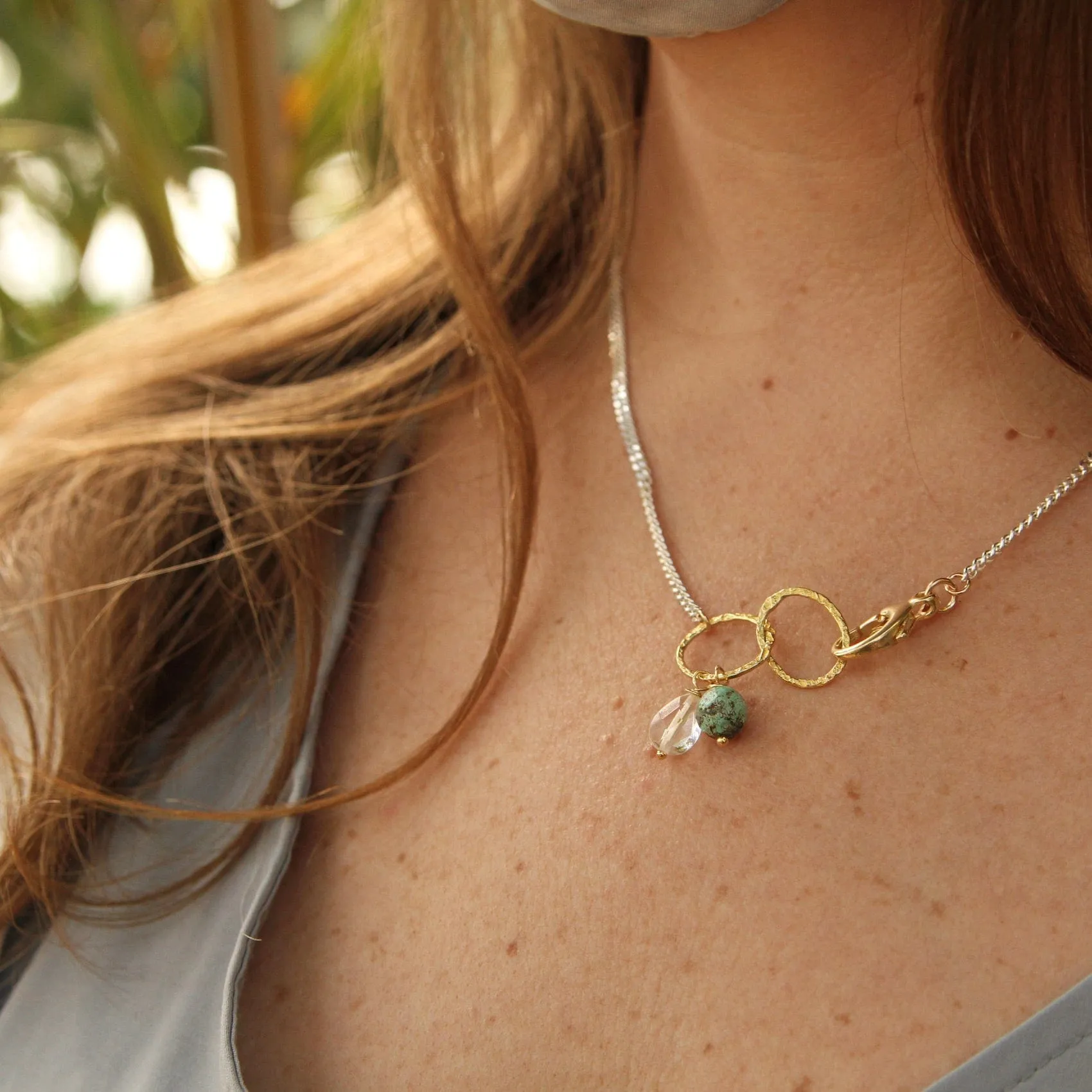 Sterling Silver & Gold Filled Rings Necklace with Turquoise & Quartz