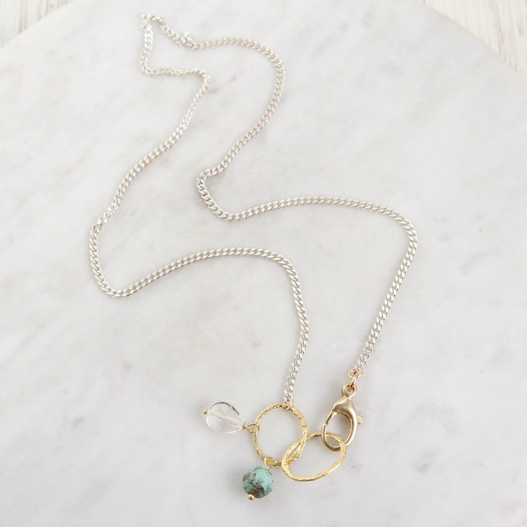 Sterling Silver & Gold Filled Rings Necklace with Turquoise & Quartz