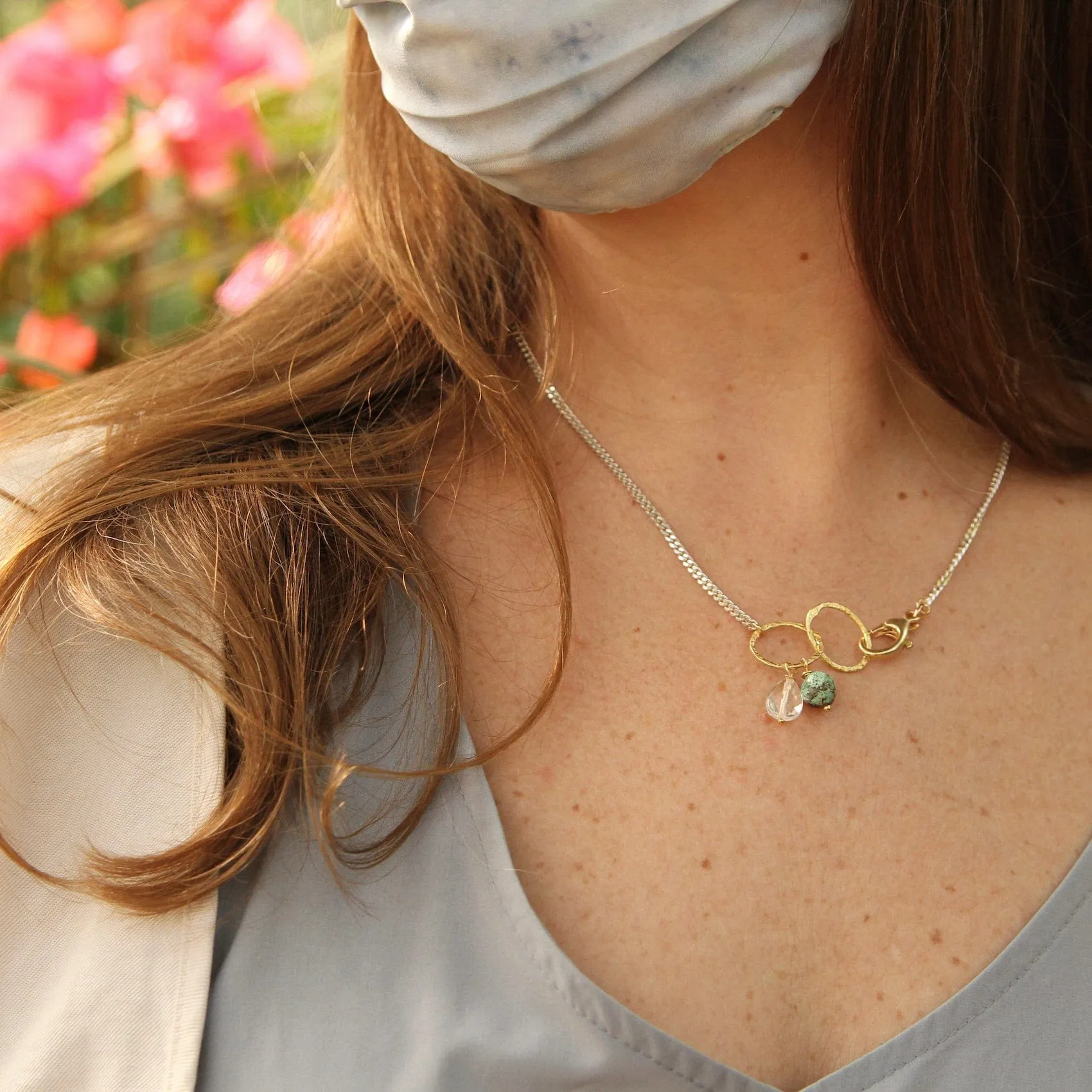 Sterling Silver & Gold Filled Rings Necklace with Turquoise & Quartz