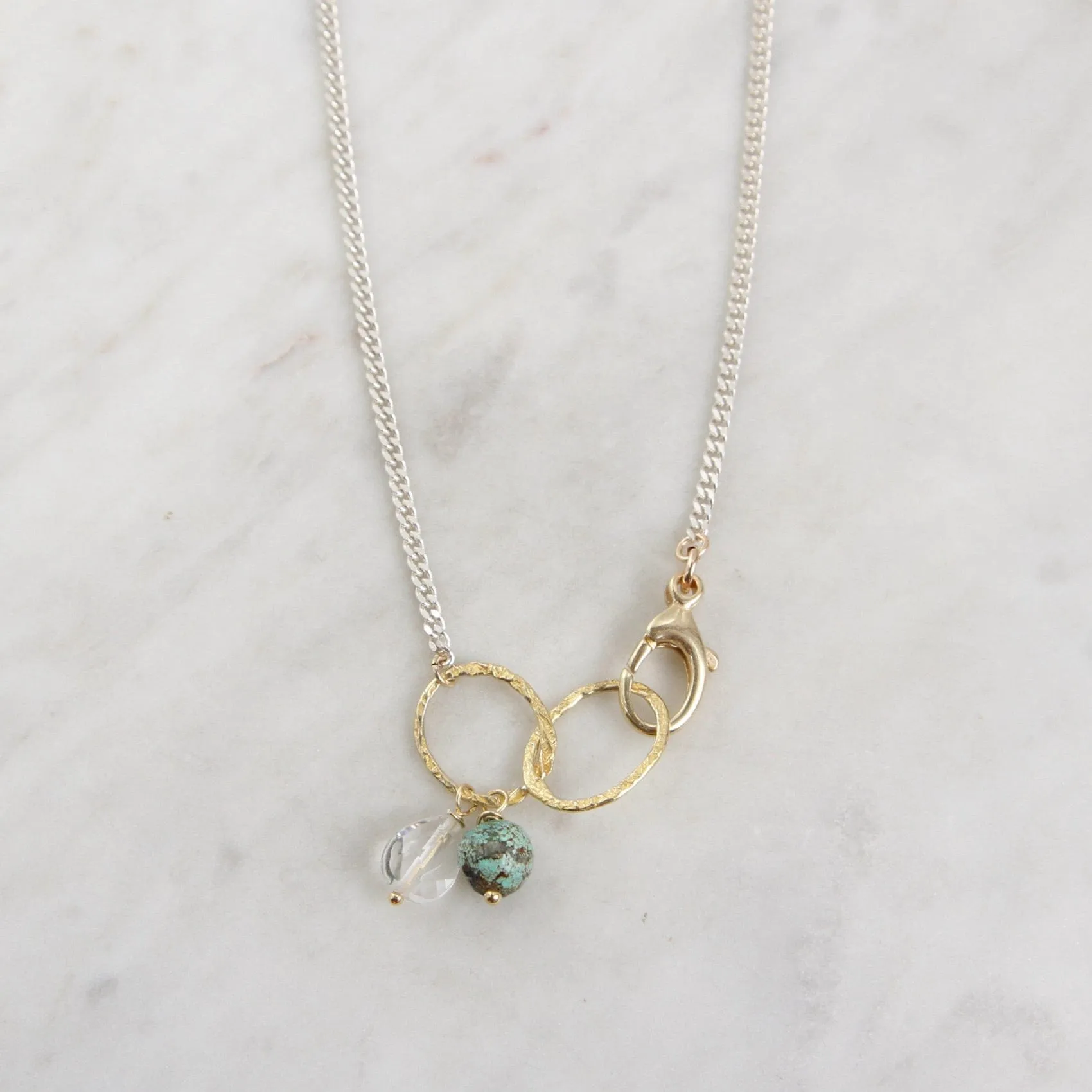 Sterling Silver & Gold Filled Rings Necklace with Turquoise & Quartz