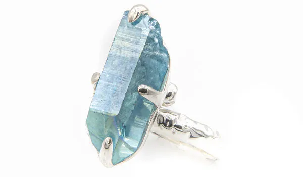 Sterling Silver Aqua Aura Crystal Adjustable Ring