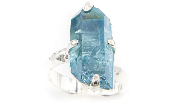 Sterling Silver Aqua Aura Crystal Adjustable Ring