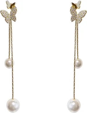 Sterling Silver Butterfly Threader Earrings Dangle Chain for Women Teens Pearl Long Dangle Earrings Tassel Silver Hoop Earrings