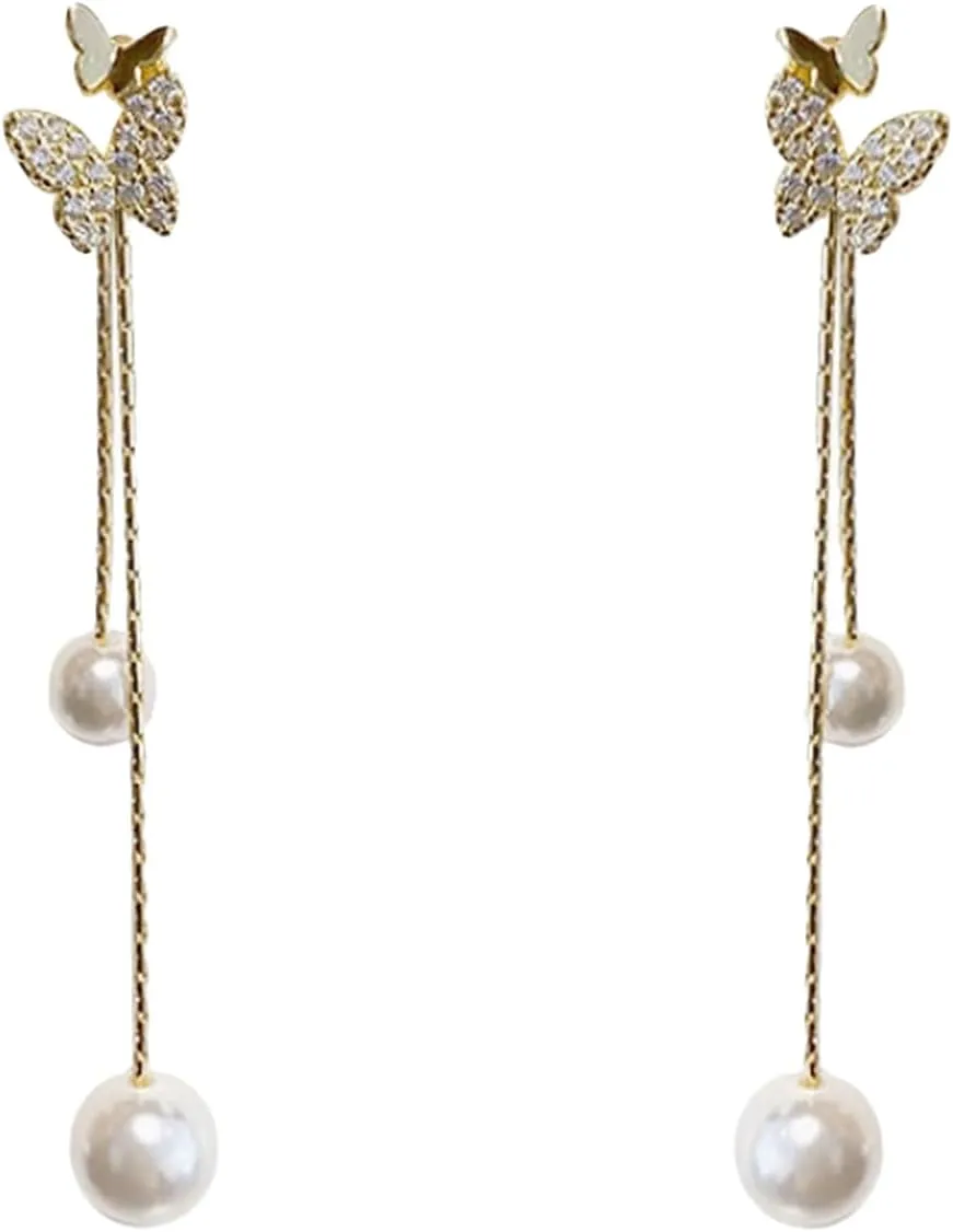 Sterling Silver Butterfly Threader Earrings Dangle Chain for Women Teens Pearl Long Dangle Earrings Tassel Silver Hoop Earrings