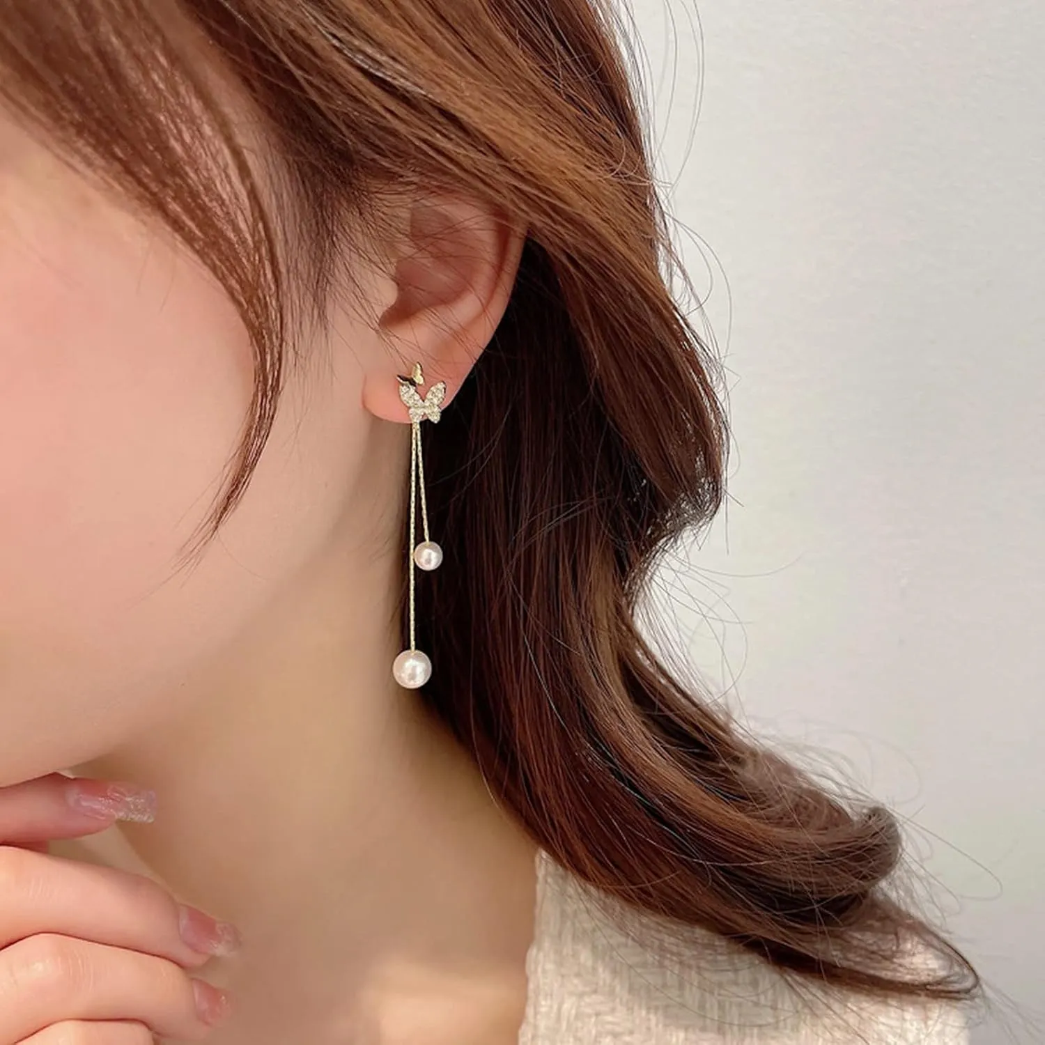 Sterling Silver Butterfly Threader Earrings Dangle Chain for Women Teens Pearl Long Dangle Earrings Tassel Silver Hoop Earrings