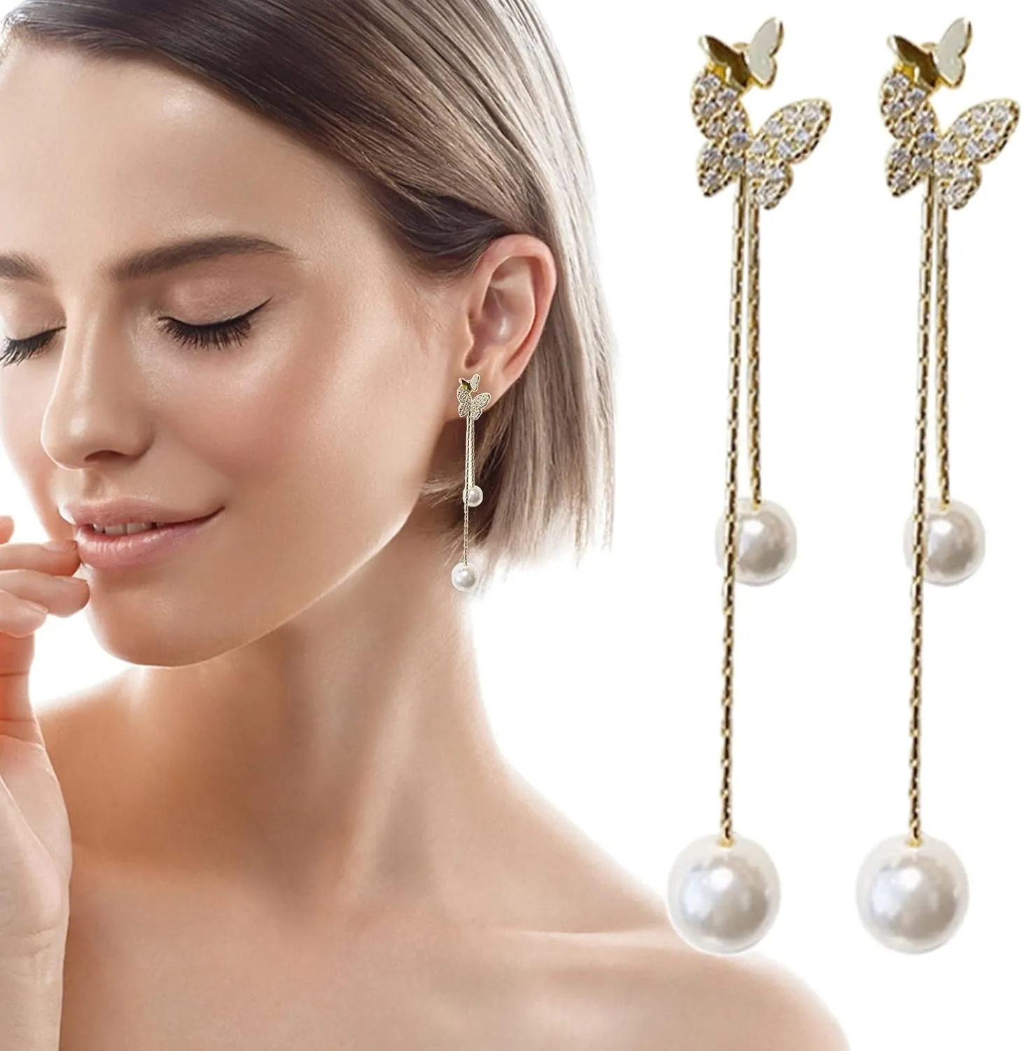 Sterling Silver Butterfly Threader Earrings Dangle Chain for Women Teens Pearl Long Dangle Earrings Tassel Silver Hoop Earrings