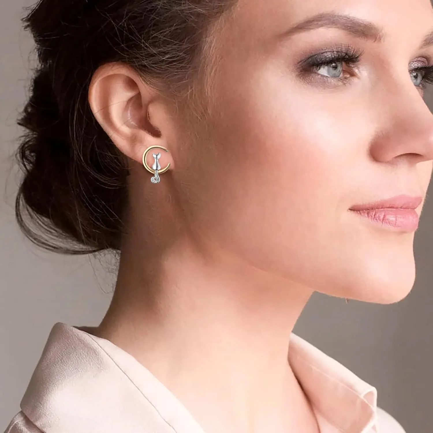 Sterling Silver Earrings Cat Moon Stud Earrings Jewelry Birthday Gift for Women