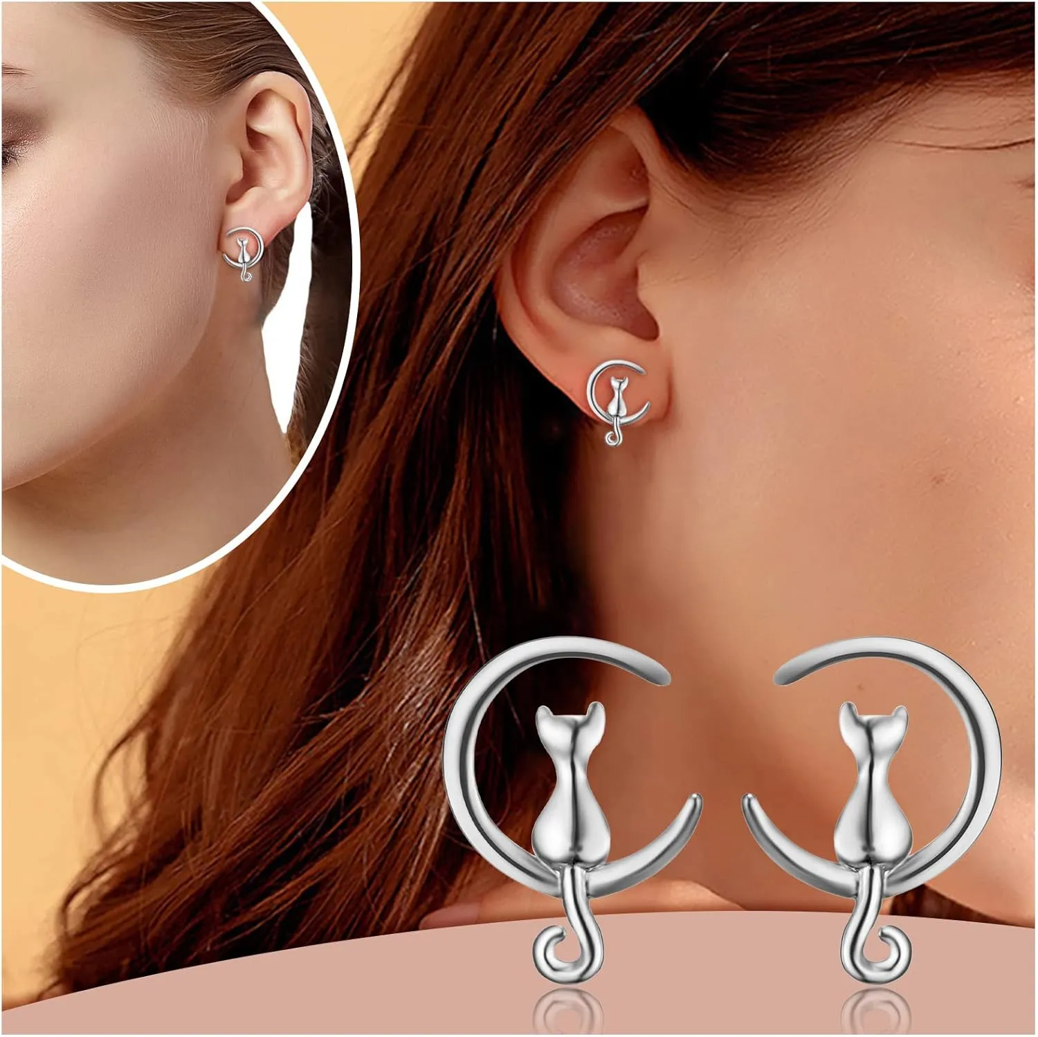 Sterling Silver Earrings Cat Moon Stud Earrings Jewelry Birthday Gift for Women
