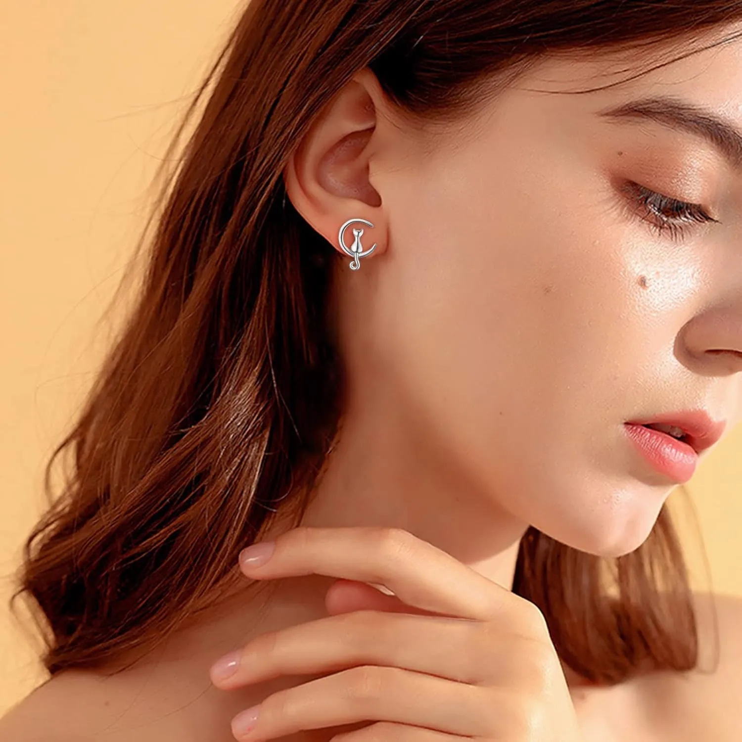 Sterling Silver Earrings Cat Moon Stud Earrings Jewelry Birthday Gift for Women