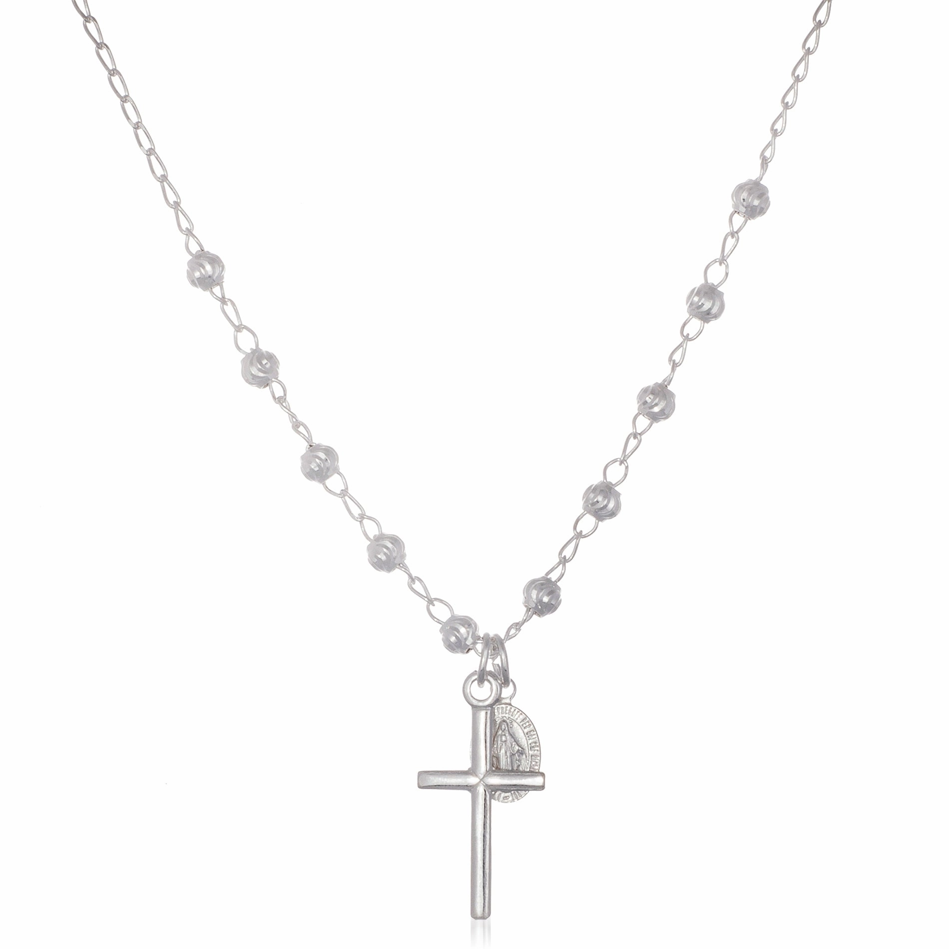 Sterling Silver Beaded Chain Miraculous Medal Cross Necklace Lovely Piece Fashionable Jewelry