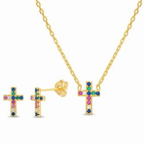Sterling Silver Cubic Zirconia Girl's Cross Necklace and Stud Earring Set Work Accent