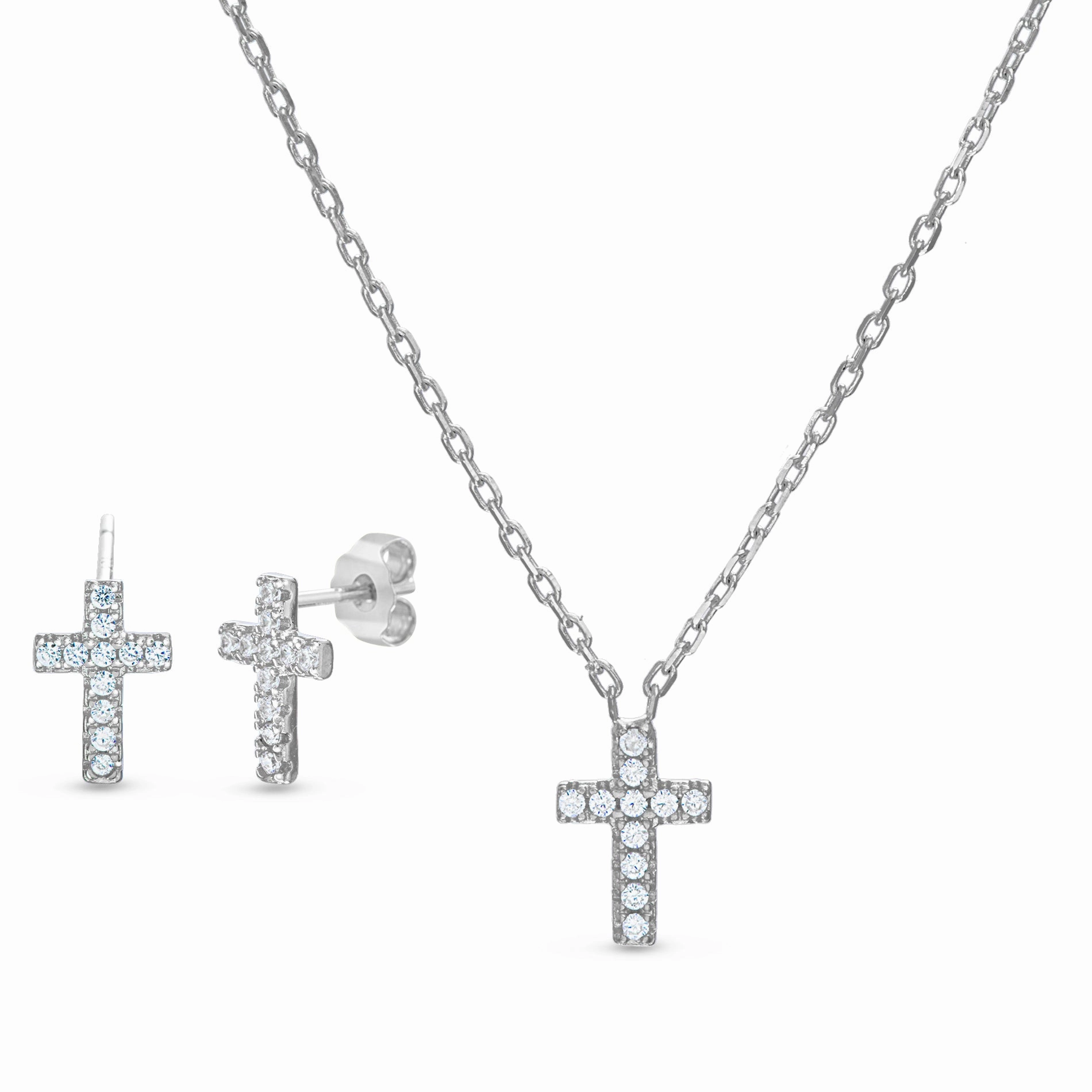 Fine Adornment Sterling Silver Cubic Zirconia Girl's Cross Necklace and Stud Earring Set