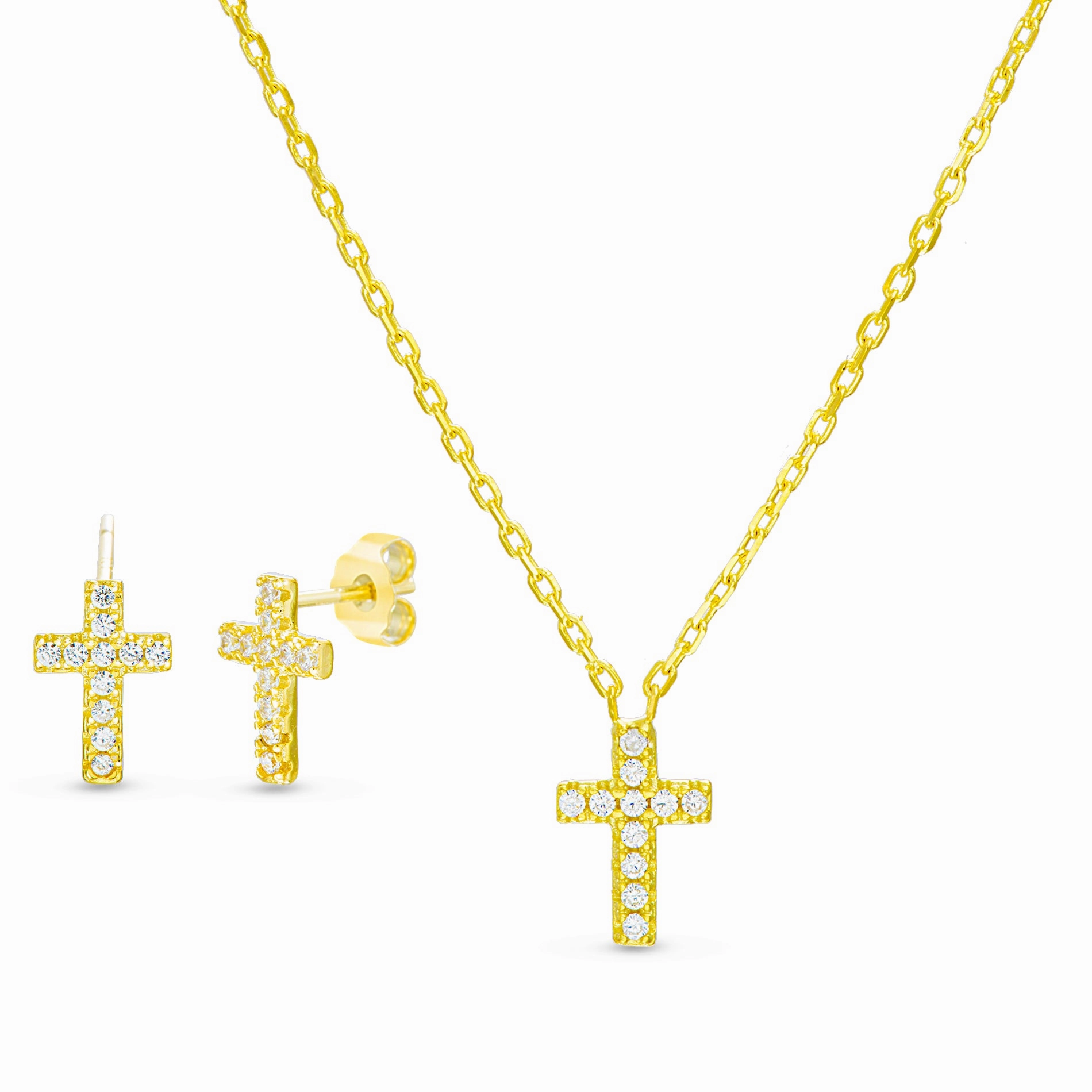 Autumn Night Sterling Silver Cubic Zirconia Girl's Cross Necklace and Stud Earring Set