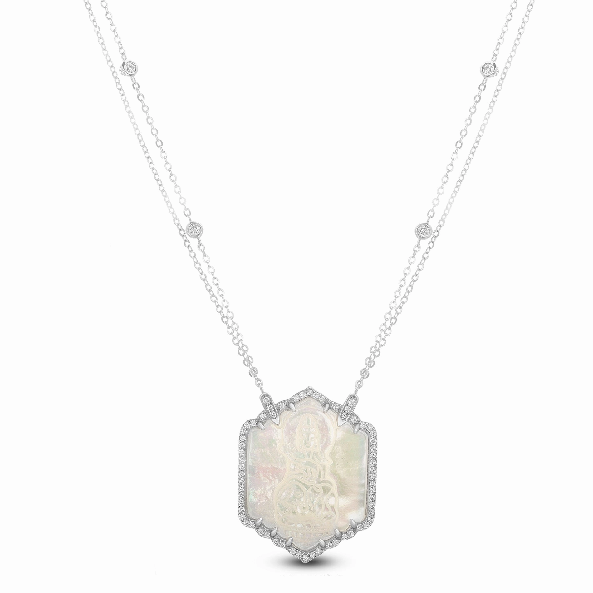 Iconic Piece Vibrant Touch Sterling Silver Cubic Zirconia Mother of Pearl Religious Hexagon Pendant Necklace