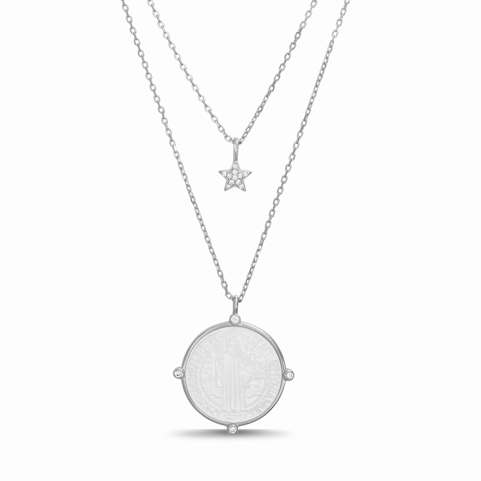 Cute Detail Urban Detail Sterling Silver Mother of Pearl Cubic Zirconia Religious Disc Double Layered Necklace
