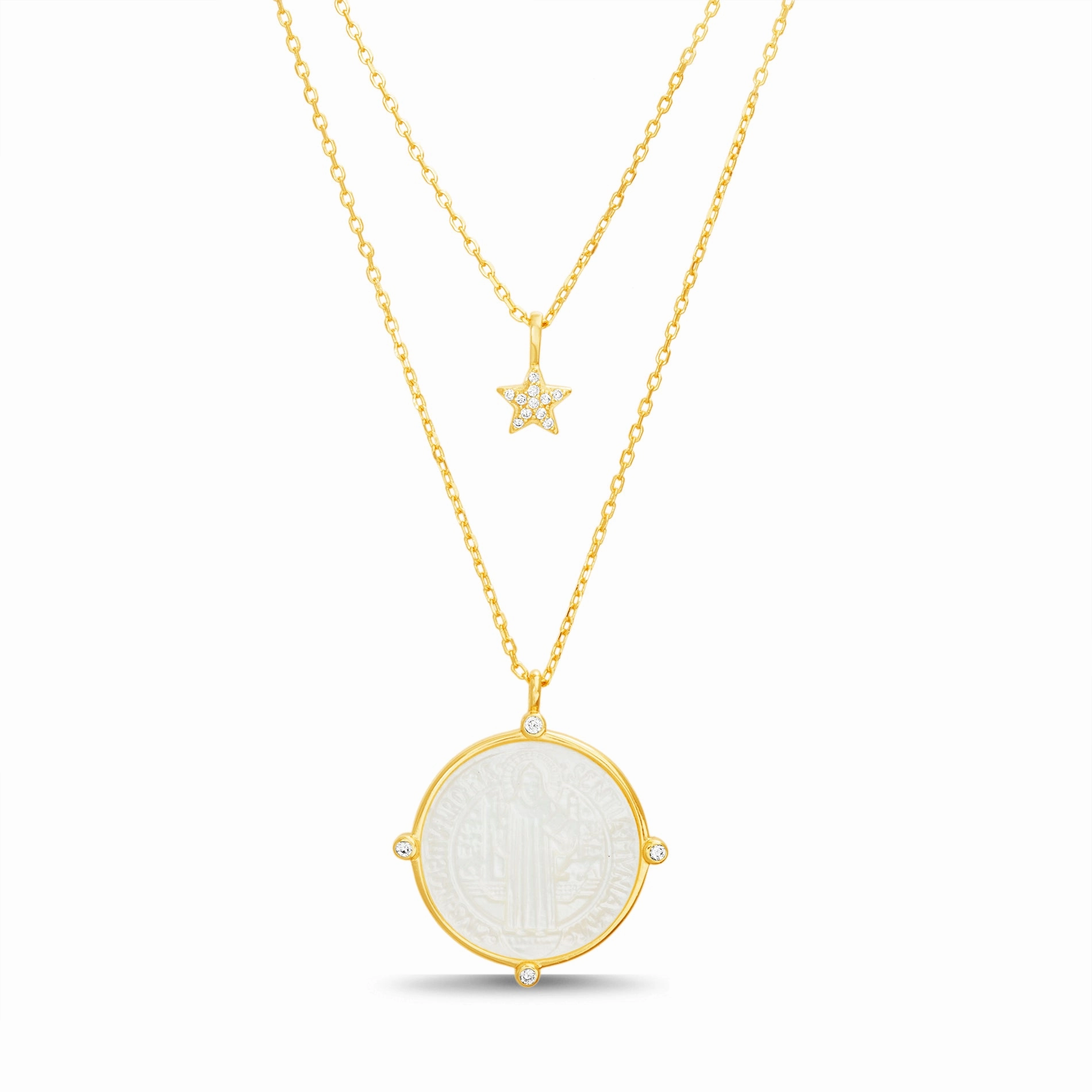 Summer Gift Sterling Silver Mother of Pearl Cubic Zirconia Religious Disc Double Layered Necklace