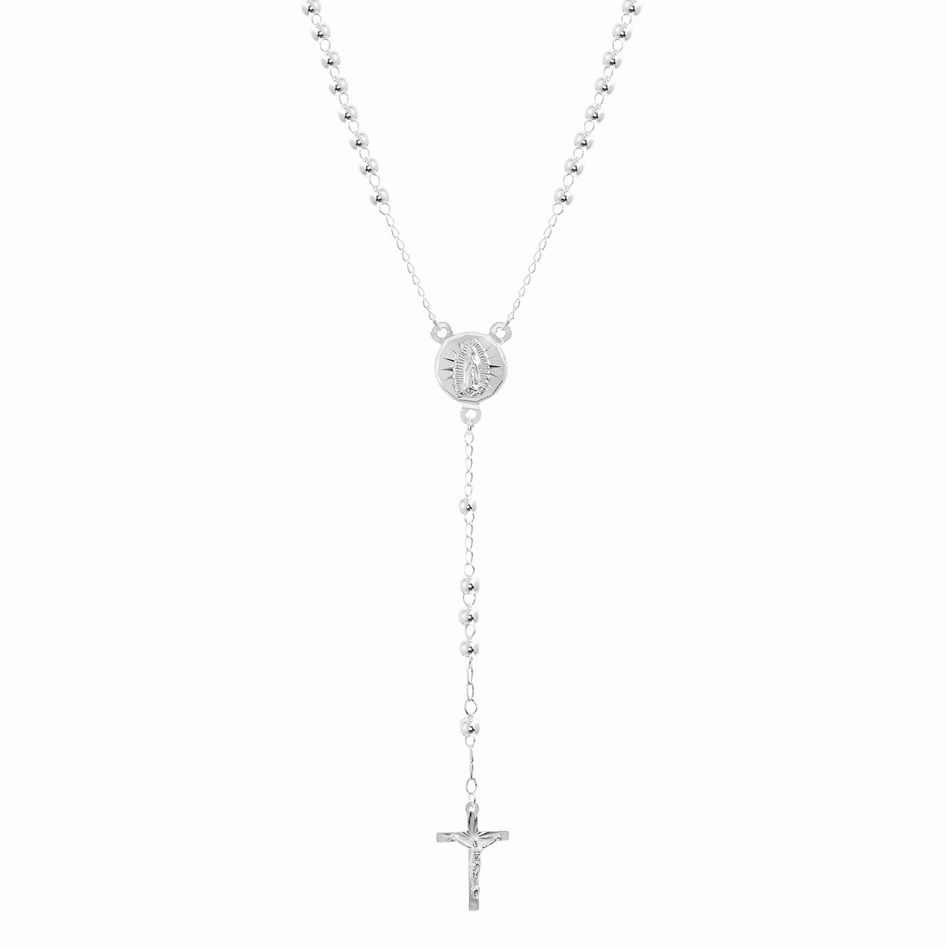 Timeless Edge Sterling Silver Polished Crucifix Rosary Necklace with 3mm Beads