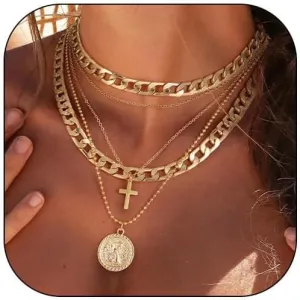 Stocking Stuffers Holiday Outfits for Women 2024 Gold Layered Necklaces for Women Dainty Gold Necklace Stack Layering Retro Coin Circle Cross Pendant Necklaces Chunky Gold Chain Necklaces Trendy Gold Jewelry
