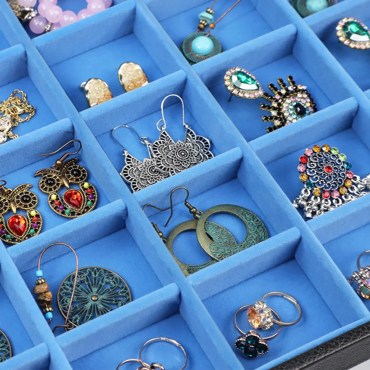 Stratalife Jewelry Holder Organizer Jewelry Drawer Organizer Earring Holder Jewelry Organizer Tray Earring Organizer for Women Girls Anti Tarnish Jewelry Box 30 Grid (Blue Black)