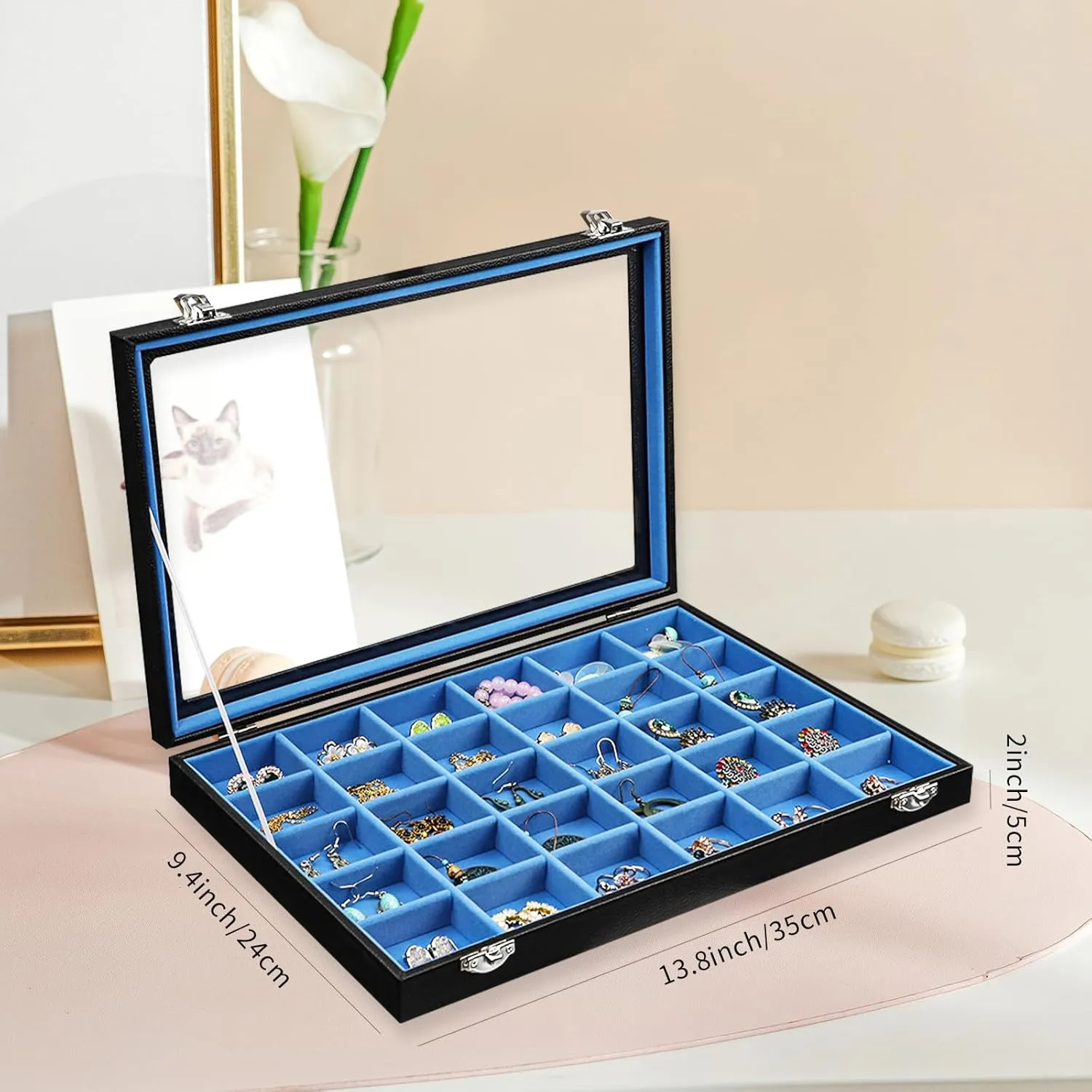 Stratalife Jewelry Holder Organizer Jewelry Drawer Organizer Earring Holder Jewelry Organizer Tray Earring Organizer for Women Girls Anti Tarnish Jewelry Box 30 Grid (Blue Black)