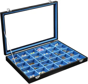 Stratalife Jewelry Holder Organizer Jewelry Drawer Organizer Earring Holder Jewelry Organizer Tray Earring Organizer for Women Girls Anti Tarnish Jewelry Box 30 Grid (Blue Black)