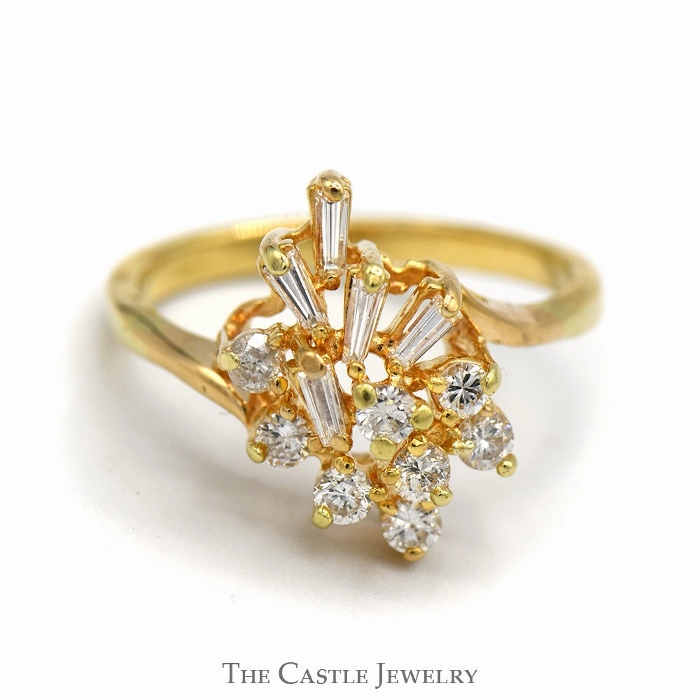 Premium Object Metric Measure Baguette & Round Diamond Vintage Freeform Ring in 10k