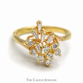 Premium Object Metric Measure Baguette & Round Diamond Vintage Freeform Ring in 10k