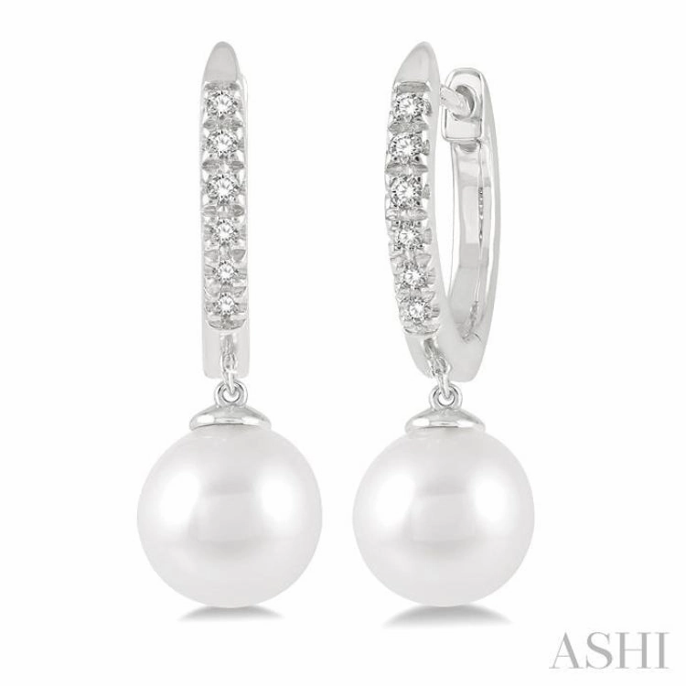 Smooth Surface 6 MM Round Shape Cultured Pearls and 1/8 Ctw Round Cut Diamond Drop Petite Huggie Earrings 14K White Gold