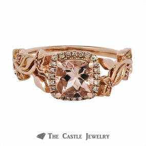 Cushion Cut Morganite Ring with Diamond Halo & Flower Design Rose Gold Mounting Refined Detail Eternal Craft