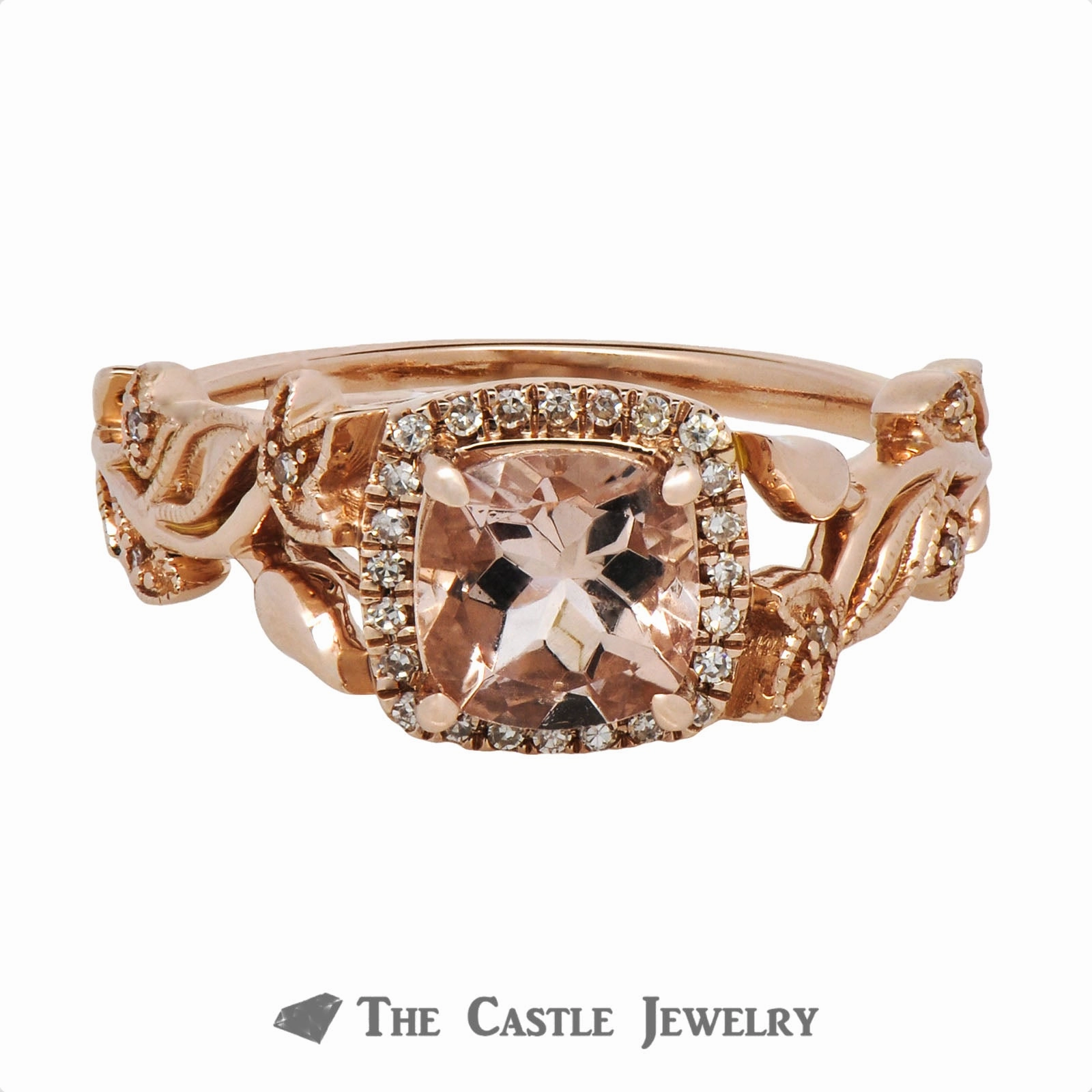 Cushion Cut Morganite Ring with Diamond Halo & Flower Design Rose Gold Mounting Refined Detail Eternal Craft