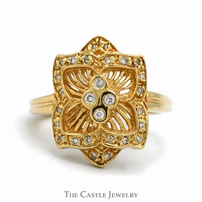Flower Designed Shield Ring with Diamond Cluster & Accents in 14k Yellow Gold Model Accessory