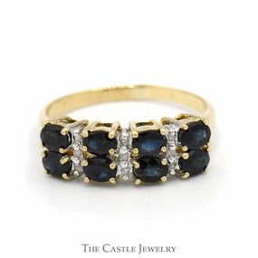 Double Row Oval Sapphire & Round Diamond Cluster Band in 14k Yellow Gold High-Quality Design