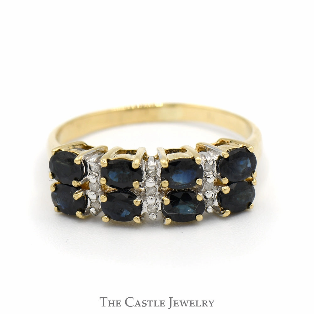 Double Row Oval Sapphire & Round Diamond Cluster Band in 14k Yellow Gold High-Quality Design